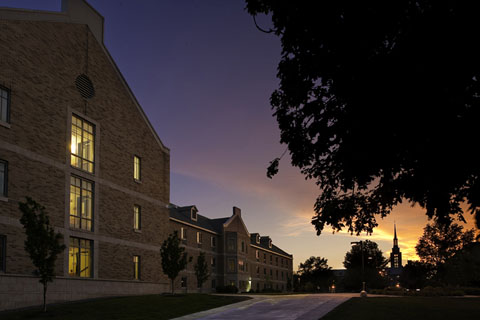 Keough Hall at dusk.