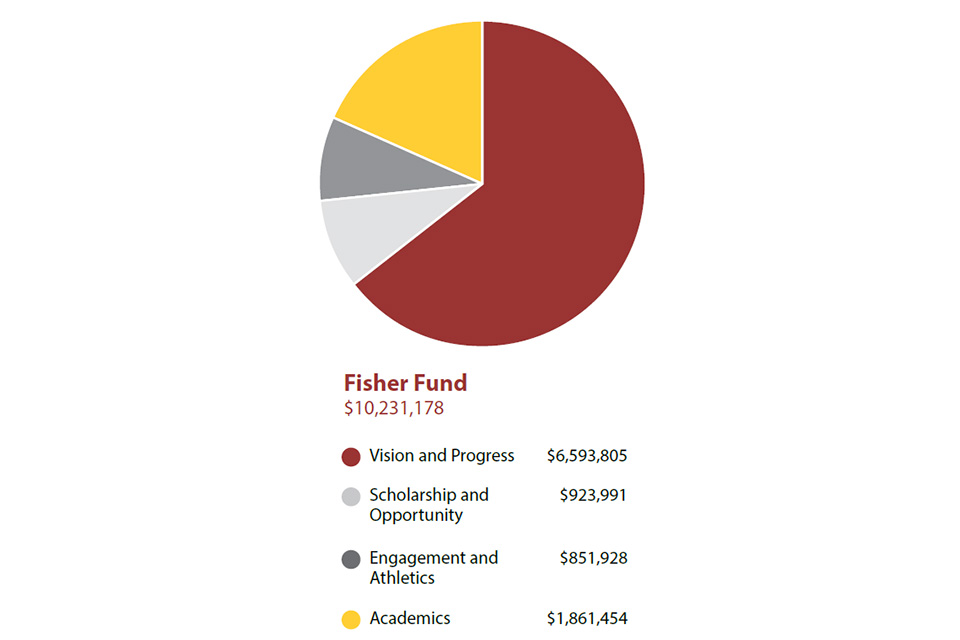 Pie chart showing Fisher Fund with largest portion supporting vision and progress.